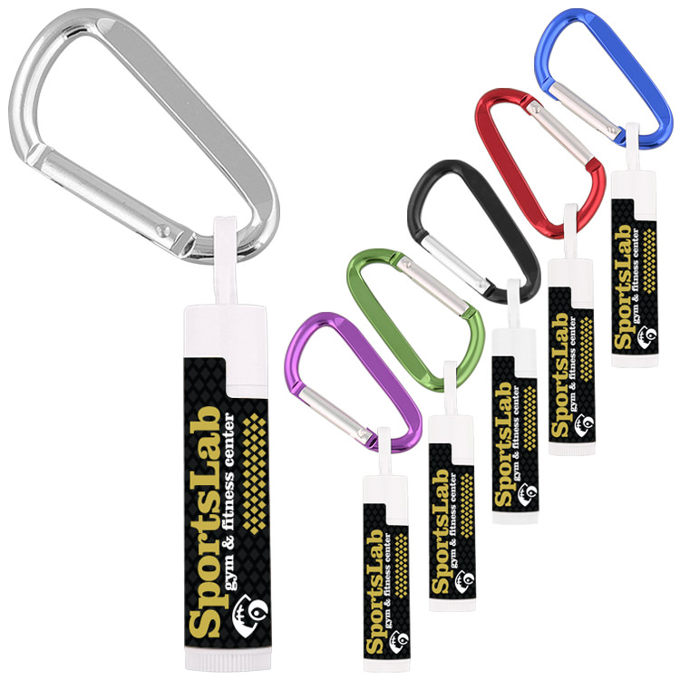 Plastic silver SPF 15 lip balm with carabiner and full color logo.