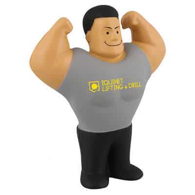 Foam muscle man stress reliever with customized logo.