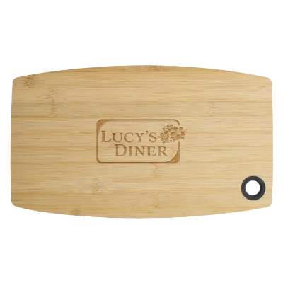 Natural 15-1/2-in. wakefield bamboo cutting board with laser engraved logo.