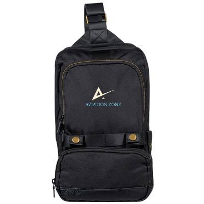 Black sling bag with full-color logo.