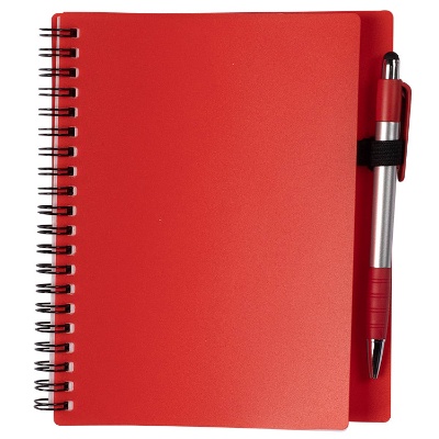 Red plastic notebook with stylus pen.