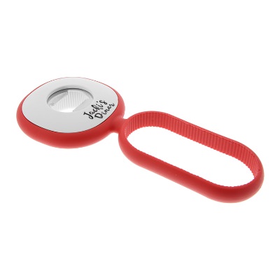 Red silicone jar opener with metal bottle opener with custom one-color imprint.