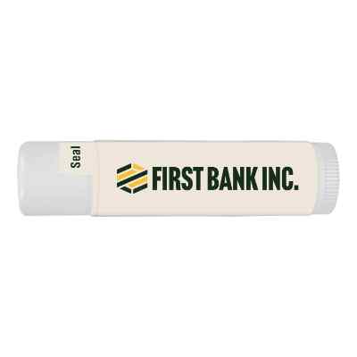 White plastic lip balm with a personalized imprint.
