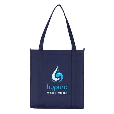 Non-woven polypropylene navy blue boulevard tote with full color imprinting.