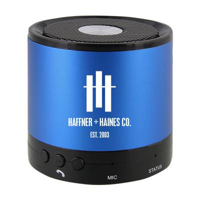 Metal blue mini wireless speaker engraved.