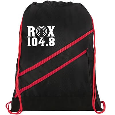 Nylon red swipe sipped drawstring sports bag with promotional logo.