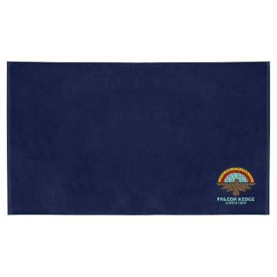 Embroidered blue oversized velour beach towel with custom logo