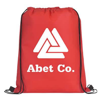 Polypropylene red drawstring bag with custom logo.