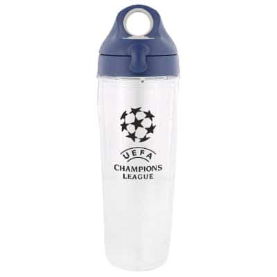 Plastic clear with navy blue water bottle with custom imprint in 24 ounces.