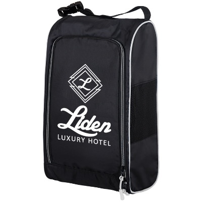 Polyester black and white reveal shoe bag with custom logo.