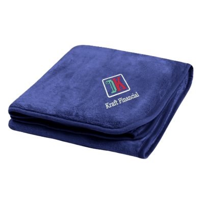 Embroidered plush charcoal gray polyester blanket with clear bag.
