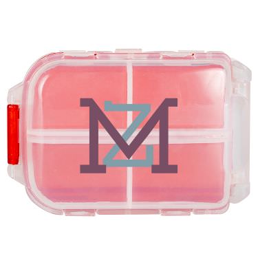 Plastic red pill box with a custom full-color imprint.