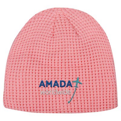 Pink embroidered custom eco-knit beanie.