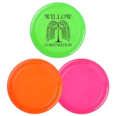 Plastic neon green high-5 inch flying disc with imprinting.