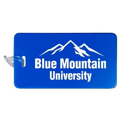Customized blue luggage tag with logo.