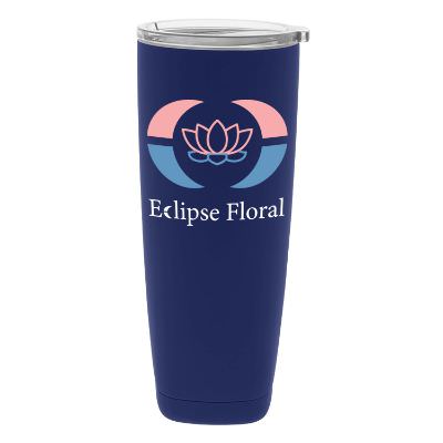 Blue tumbler with full color logo.