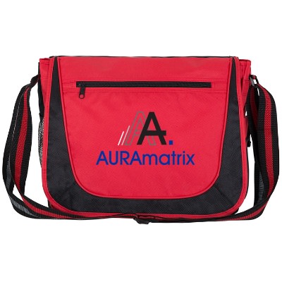 Polyester red striped handle messenger bag with custom full color imprint.