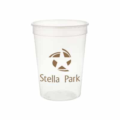 Plastic white stadium cup with custom imprint in 12 ounces.