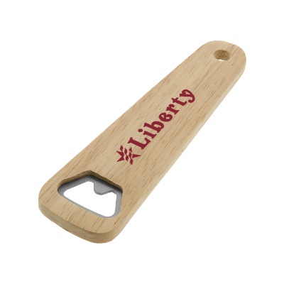Brown wooden bottle opener with custom promotional imprint.