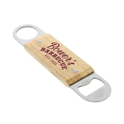 Wooden paddle bottle opener with custom one-color imprint.