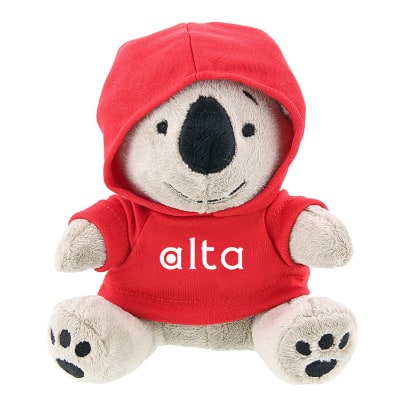 Plush and cotton koala with red hoodie with custom imprint.