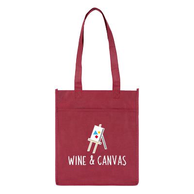 Non-woven polypropylene burgundy six bottle tote with full color logo.