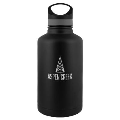 Stainless black growler with engraved logo.