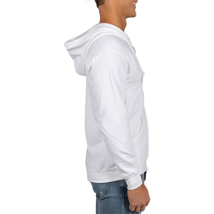 White custom zip up hooded sweatshirt.