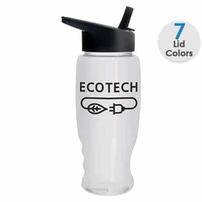 Plastic translucent clear water bottle with custom logo and flip straw lid in 27 ounces.