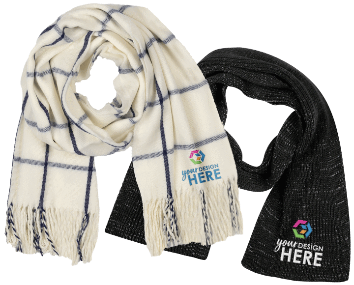 White and blue promotional scarves with full-color embroidered logo and black custom scarves with full-color embroidered logo