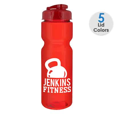 Plastic translucent clear water bottle with custom imprint and flip top lid in 28 ounces.