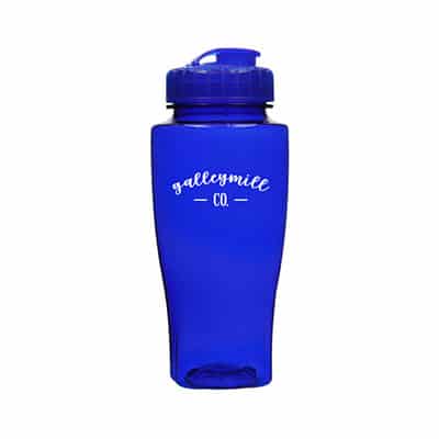 Plastic blue water bottle with custom design and flip top lid in 24 ounces.