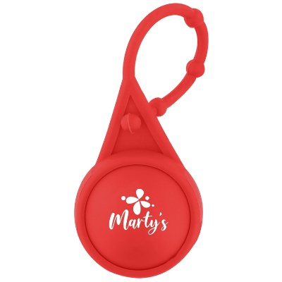 Silicone red color lip balm ball with silicone lanyard with a printed logo.