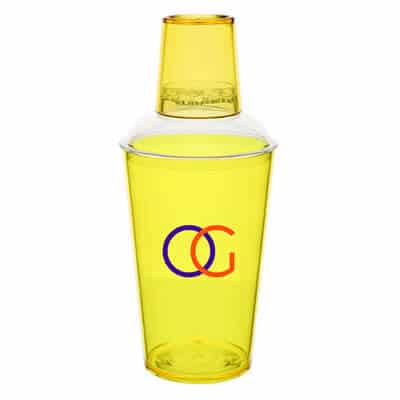 Acrylic yellow cocktail shaker with custom full-color logo in 16 ounces.