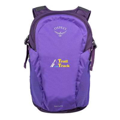 Purple recycled polyester backpack with full-color logo.