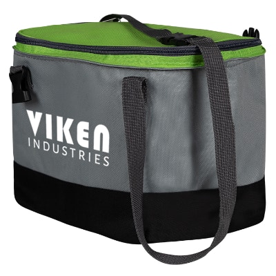 Polyester insulated green lunch cooler bag with custom design.