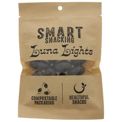 Custom dark chocolate almonds in natural compostable kraft pouch.