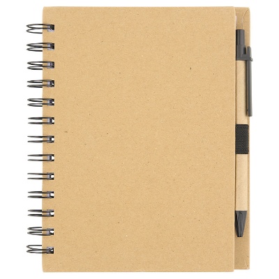 Cardboard note book with recycled pen.