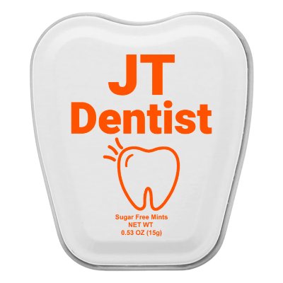 Personalized white tooth shaped mint tin.