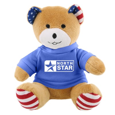 Plush and cotton patriotic bear with royal blue shirt with branded imprint.