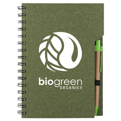Spiral inspire notebook with pen and custom organic logo.