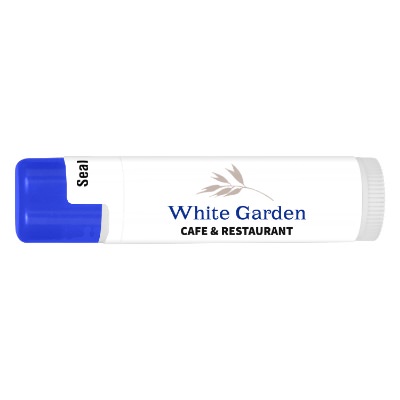 Plastic blue cap lip balm with a custom full-color imprint.