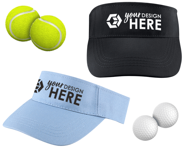 Light blue custom visors with black imprint and black personalized golf visors with white imprint