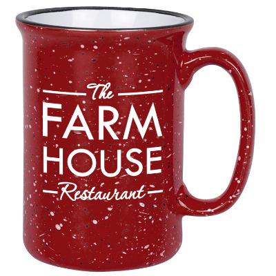 Ceramic red coffee mug with c-handle and custom print in 14 ounces.