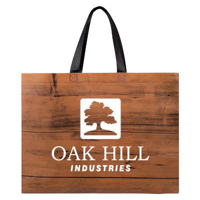 Laminated non-woven polypropylene woodtone tote with imprinting.