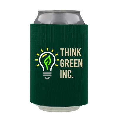 Green foam can cooler with full-color custom logo.