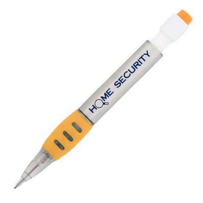 Orange miniature mechanical pencil with custom logo.