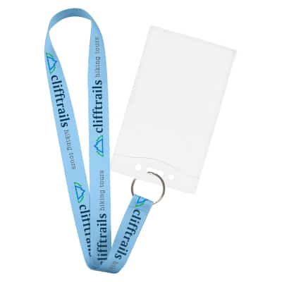1 inch satin polyester full-color custom lanyard with silver key ring and event ID.