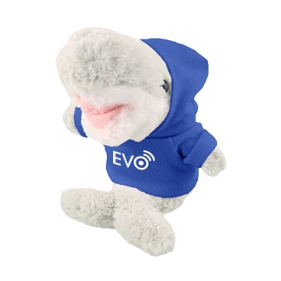 Plush and cotton shark with royal blue hoodie with branded logo.