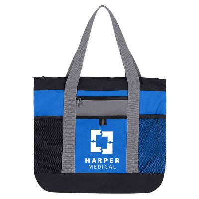 Polyester lime green tri-color polyester tote with printed logo.